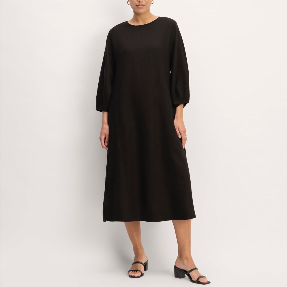 Everlane The Linen A-Line Split Hem Modest Minimalist Black Midi Dress Size 0
